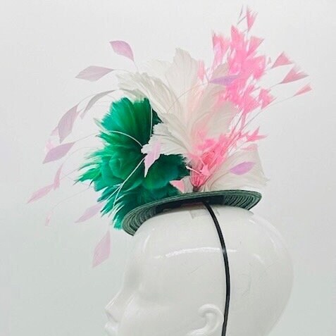 Green and pink Kentucky Derby fascinator, Derby Hat Alternative (GOLD LINE)