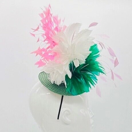 Green and pink Kentucky Derby fascinator, Derby Hat Alternative (GOLD LINE)
