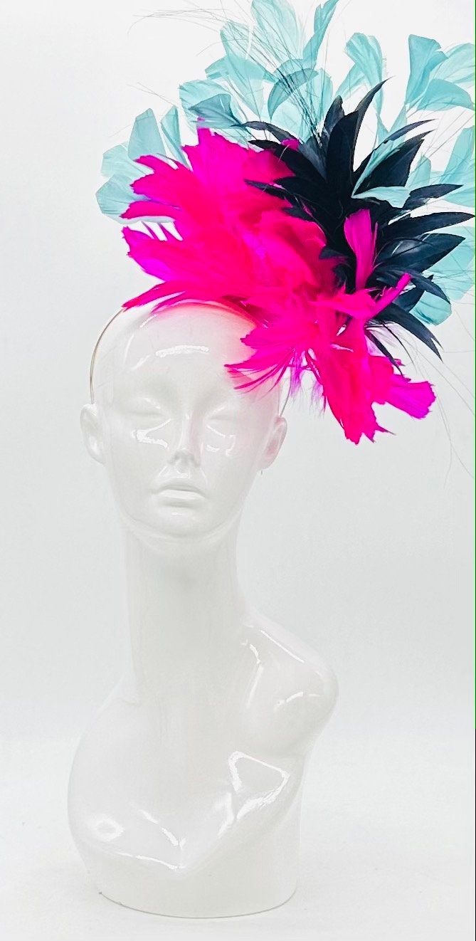 Pink, navy blue, and aqua Kentucky Derby fascinator, Derby Hat Alternative, (GOLD LINE)