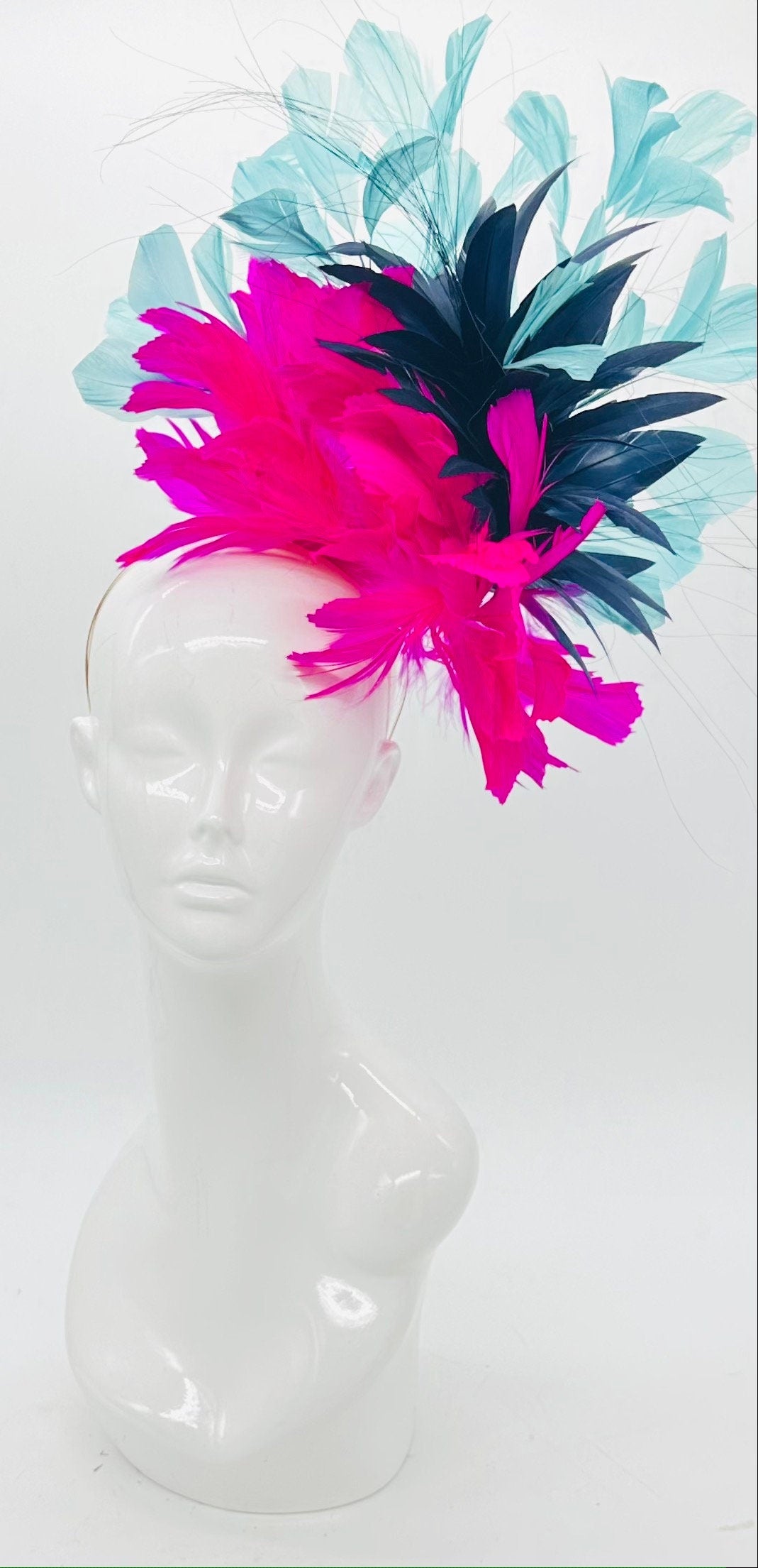 Pink, navy blue, and aqua Kentucky Derby fascinator, Derby Hat Alternative, (GOLD LINE)