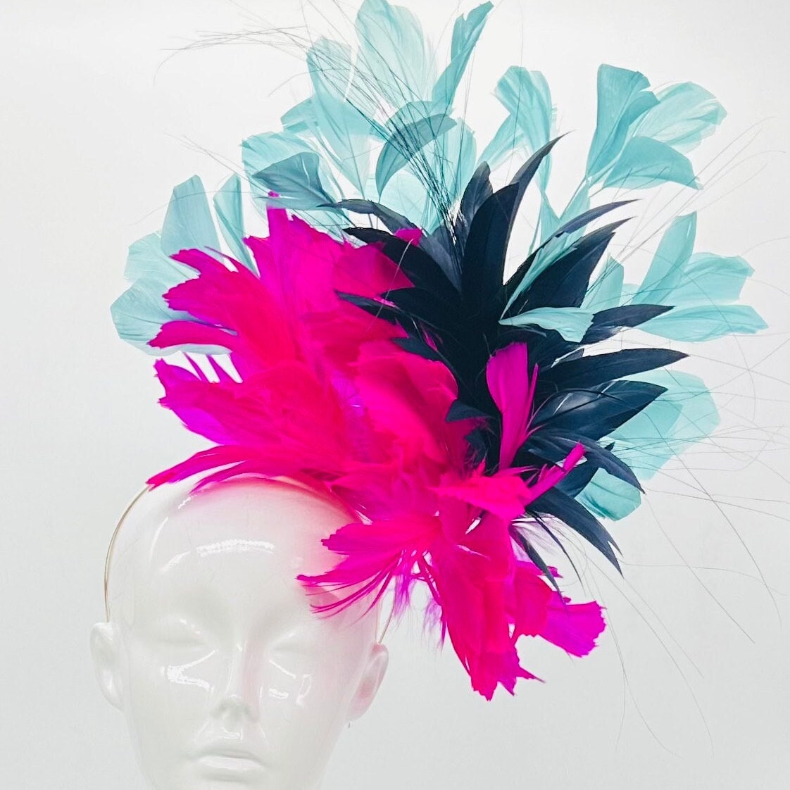 Pink, navy blue, and aqua Kentucky Derby fascinator, Derby Hat Alternative, (GOLD LINE)