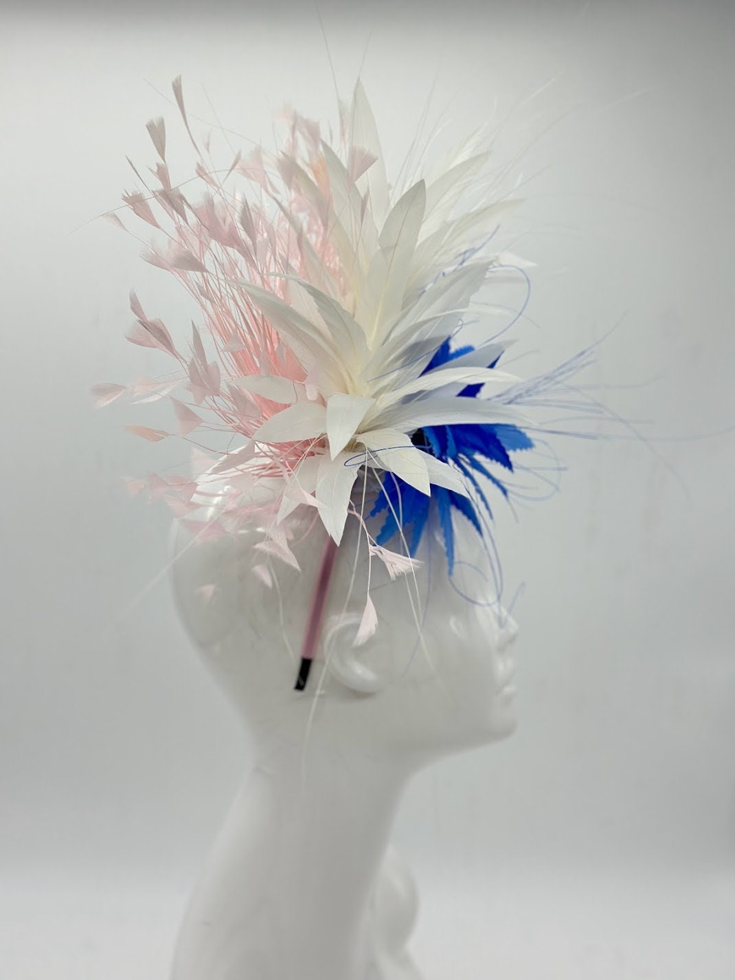 Blue, pink and white Kentucky Derby fascinator, Derby Hat Alternative, (GOLD LINE)