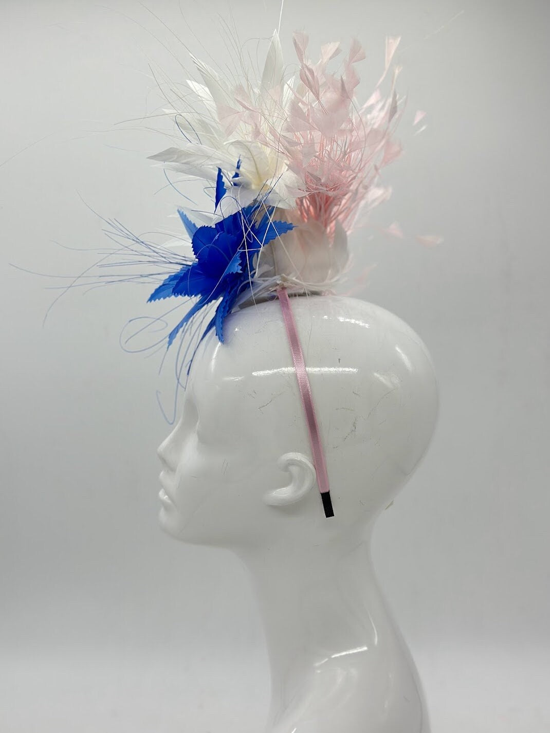 Blue, pink and white Kentucky Derby fascinator, Derby Hat Alternative, (GOLD LINE)