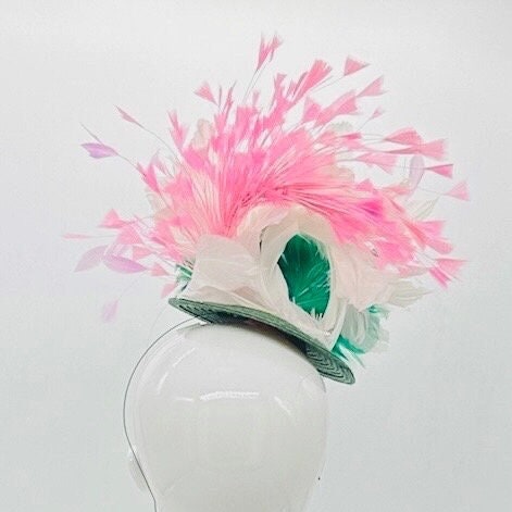 Green and pink Kentucky Derby fascinator, Derby Hat Alternative (GOLD LINE)