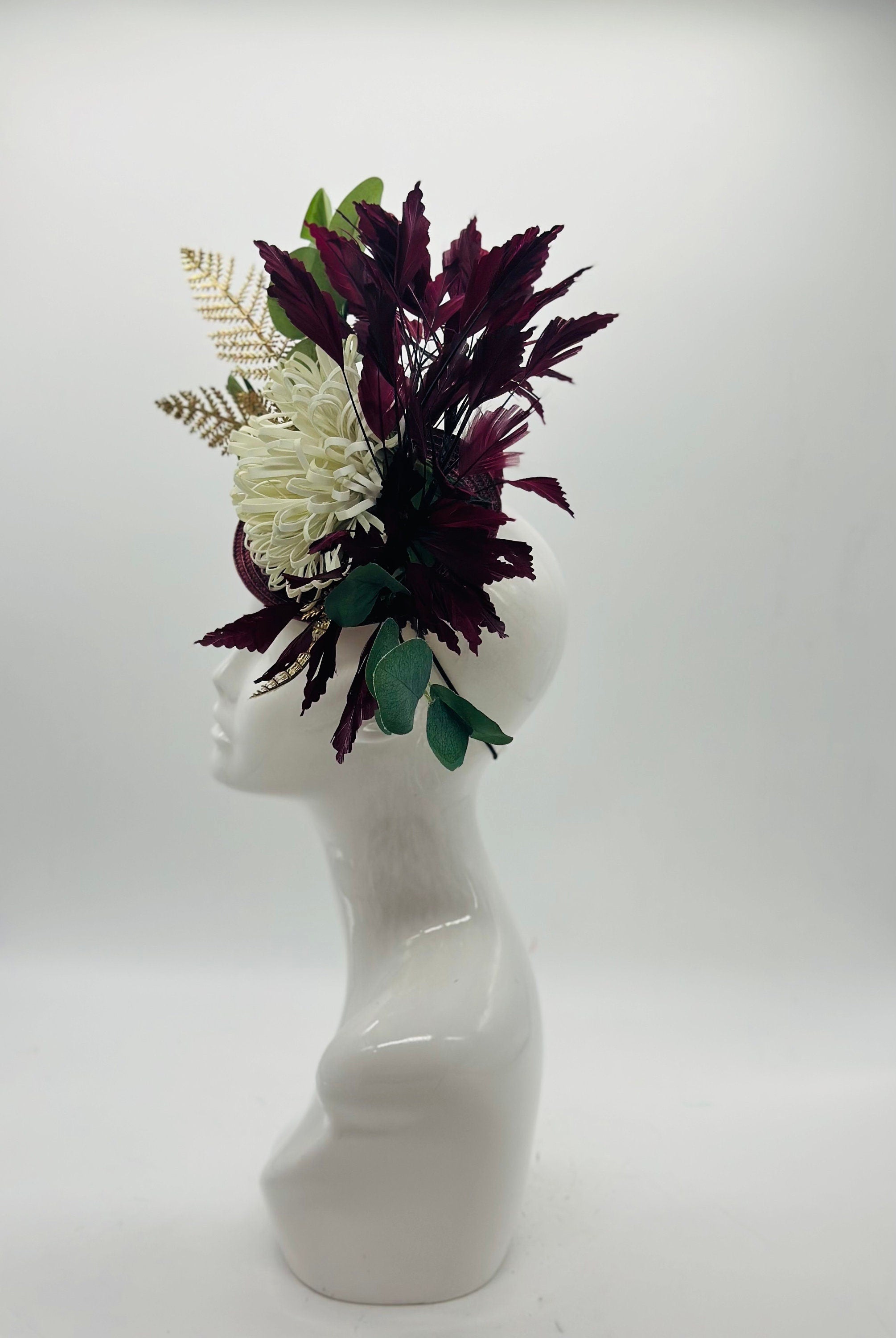 Cream and Plum  Derby Fascinator, Kentucky Derby Hat Alternative, Kentucky derby hat (GOLD LINE)