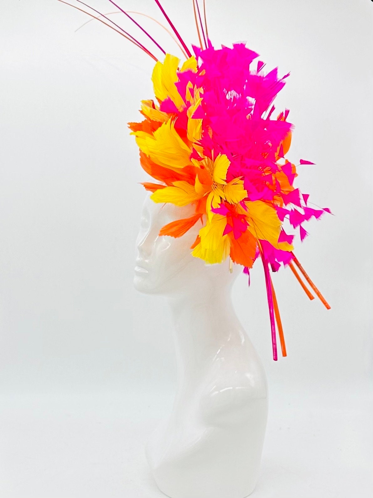 Hot Pink and Orange Kentucky Derby fascinator, Derby Hat Alternative, (PLATINUM LINE)