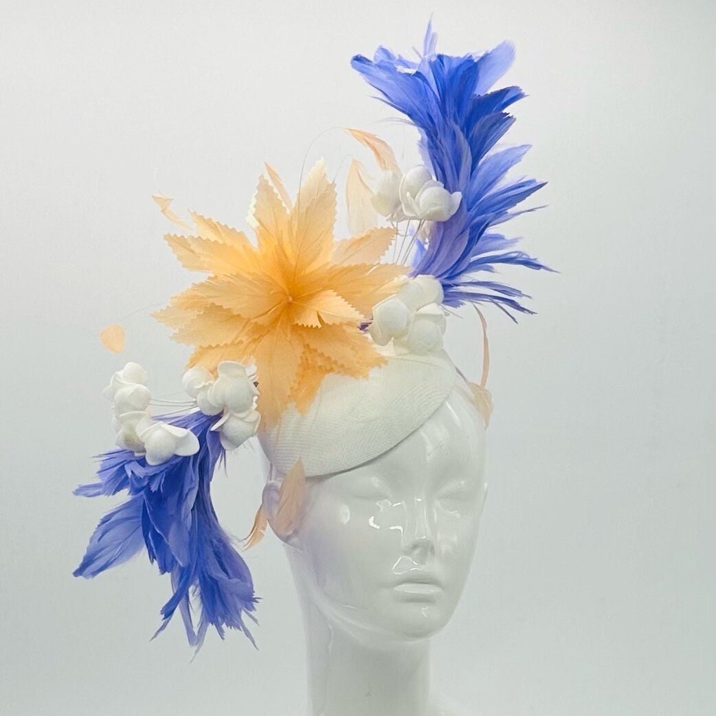 Periwinkle purple blue, peach & white Derby Fascinator, Kentucky Derby Hat Alternative, Kentucky derby hat (GOLD LINE)