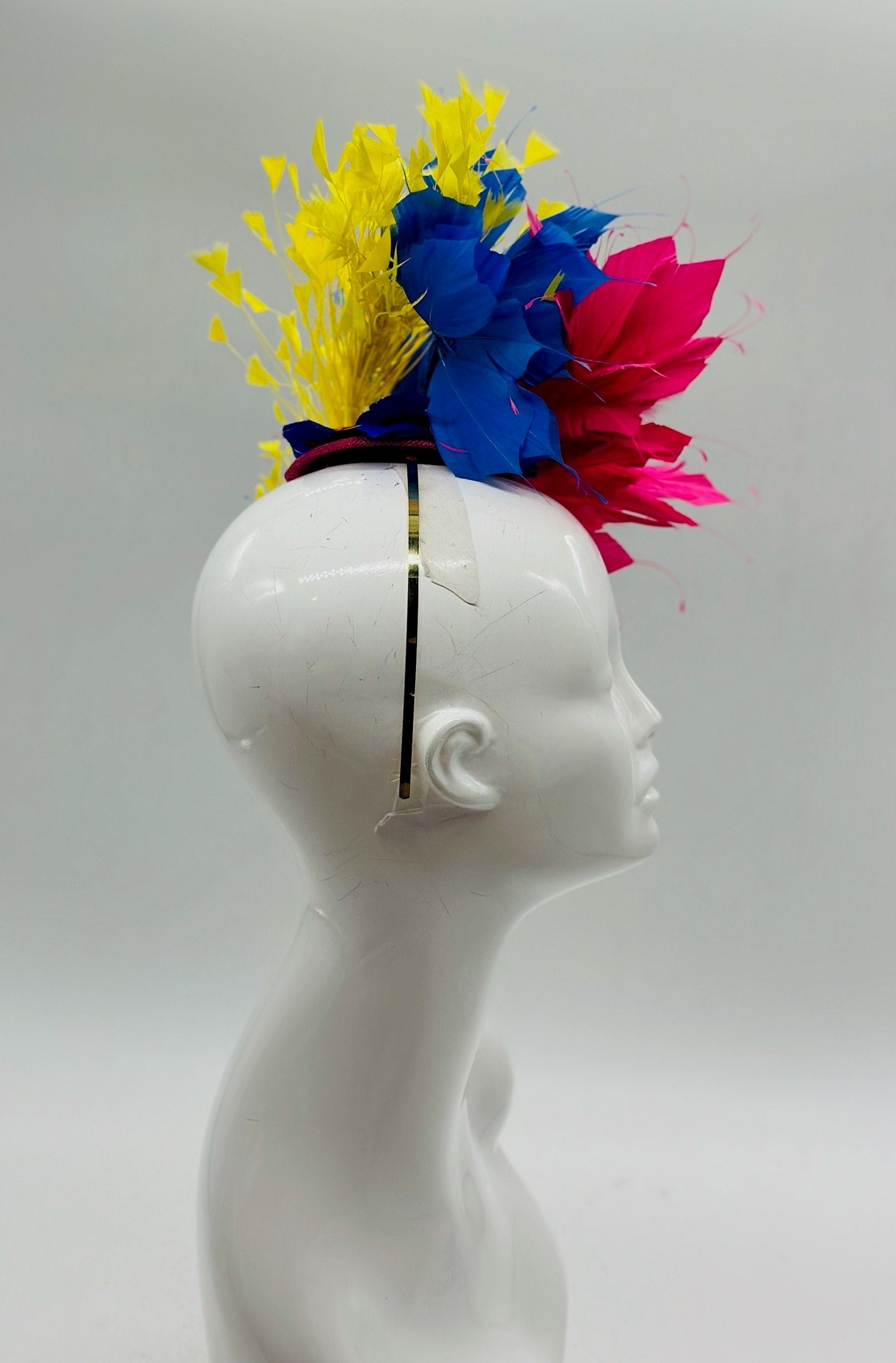 Pink, Blue and Yellow  Derby Fascinator, Kentucky Derby Hat Alternative, Kentucky derby hat (GOLD LINE)