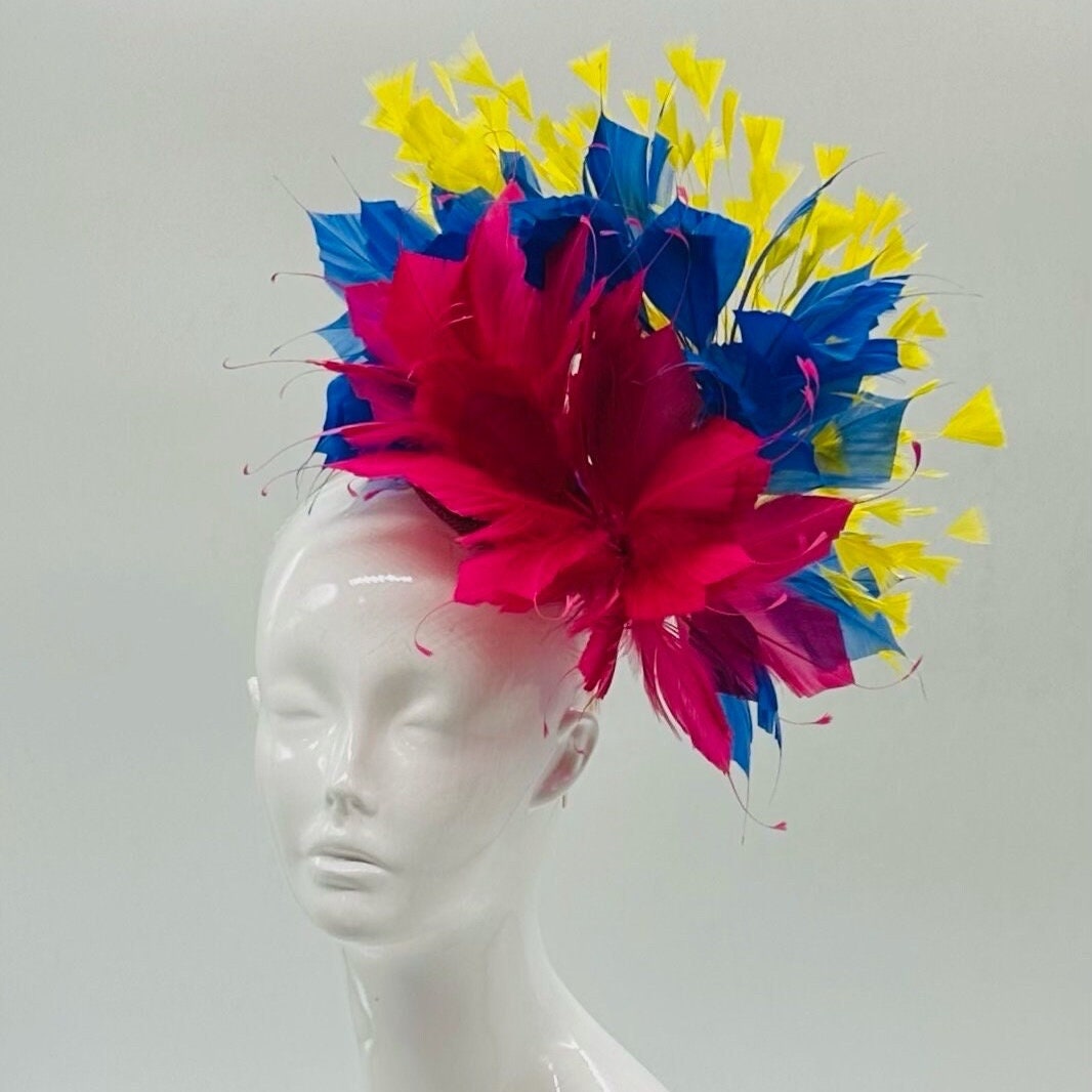 Pink, Blue and Yellow  Derby Fascinator, Kentucky Derby Hat Alternative, Kentucky derby hat (GOLD LINE)