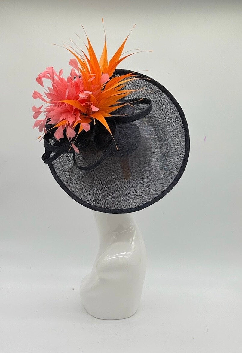 Black, pink, and orange Derby Fascinator, Kentucky Derby Hat Alternative, Kentucky derby hat (GOLD LINE)