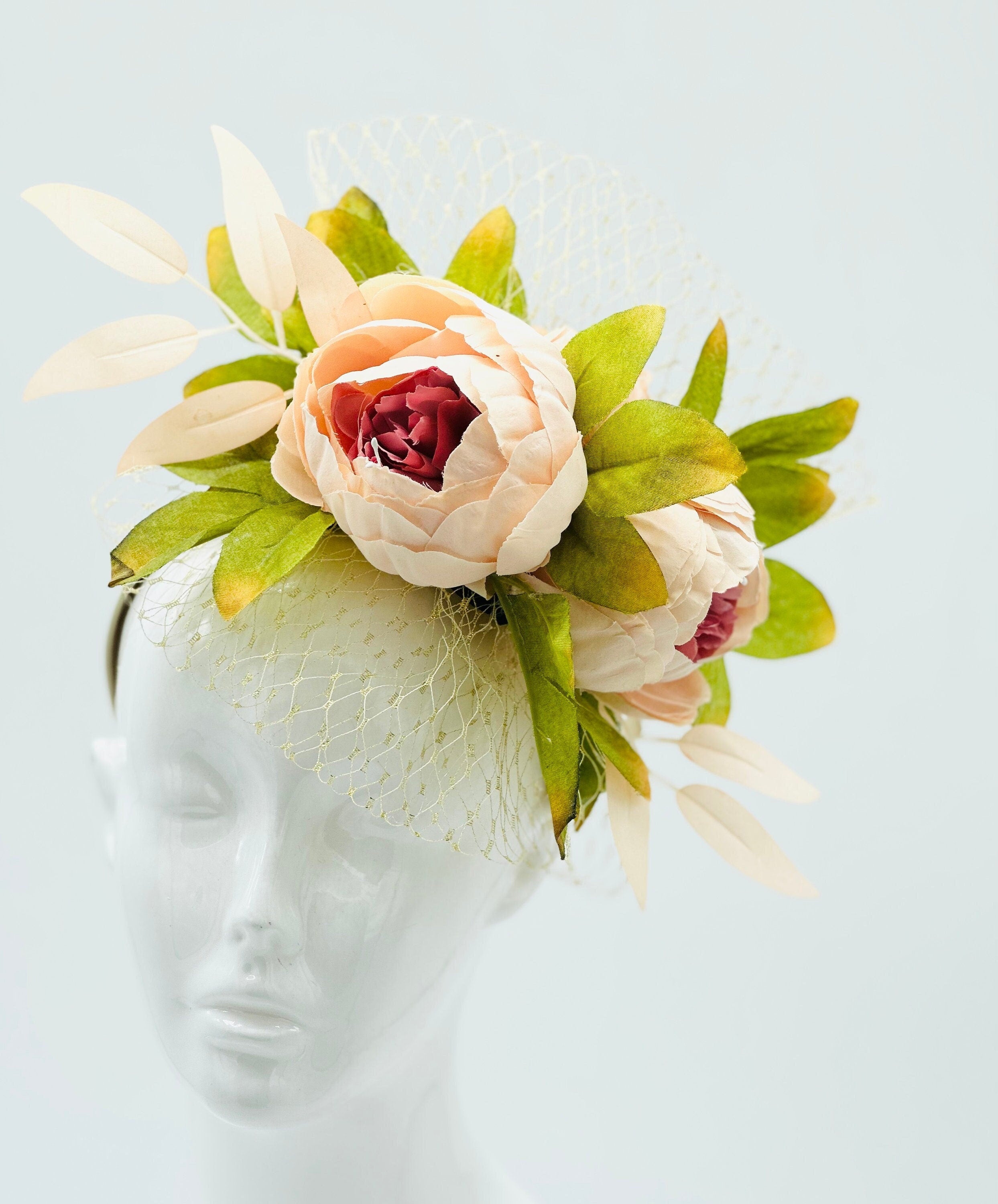 Light peach peonies Kentucky Derby Floral Feather Fascinator, Derby Hat Alternative (GOLD LINE)